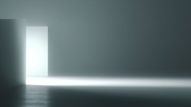 Minimalistic Interior Scene with Open Door and Soft Light Illuminating Dark Room, Symbolizing Hope, Opportunities, and New Beginnings in a Contemporary Space