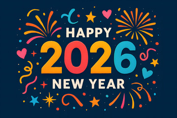 Festive happy new year 2026 greeting card with colorful text, fireworks, confetti, hearts, and stars on a dark blue background