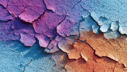 Abstract macro background of vibrant peeling paint, showing a harmony of colors and organic, earth-like cracks on a weathered, textured surface