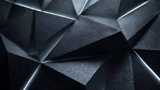 A futuristic abstract background featuring a dark, textured polygonal surface with glowing light seams, evoking a sense of modern technology