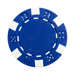 Vibrant blue casino poker chip with white dice markings and stripes, perfect for gaming promotions