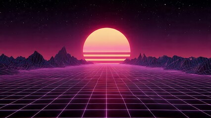 An endless glowing neon grid moves towards a vibrant setting sun in a retro-futuristic world, a digital field of light under a starry purple sky