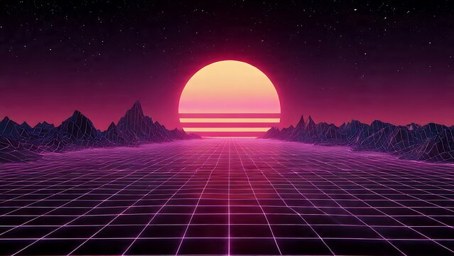 An endless glowing neon grid moves towards a vibrant setting sun in a retro-futuristic world, a digital field of light under a starry purple sky - Powered by Adobe