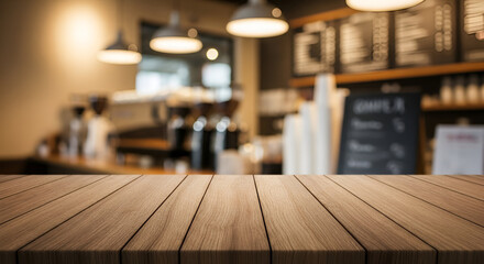 Rustic cafe interior with wooden table and warm lighting.