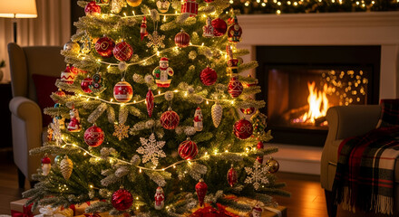 Cozy Christmas Tree by Warm Fireplace Evening Ambiance.