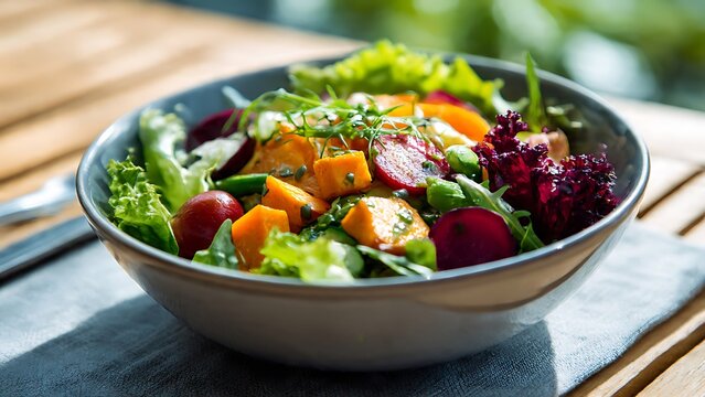 A healthy and appetizing bowl of fresh garden salad with roasted sweet potato and beetroot served in a rustic stone bowl on a wooden table