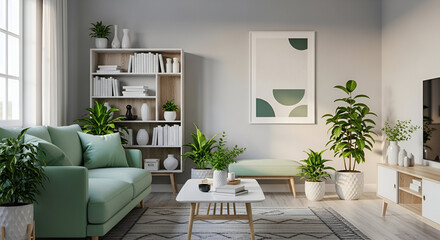 Bright modern living room with green sofa and plants.