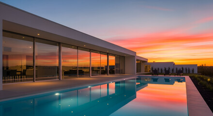 Modern glass villa by sunset with tranquil pool reflection.