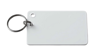 Blank white rectangular keychain with a silver ring on a dark background