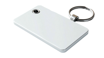 Rectangular white keychain with a silver key ring, angled perspective