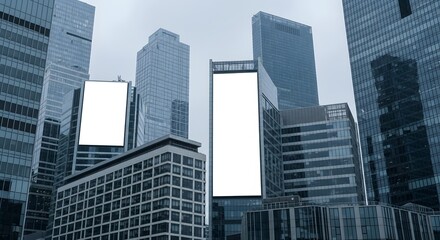 Obraz premium Modern skyscrapers with blank billboards for advertising in a city center