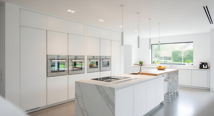 Bright Modern White Kitchen Interior With Island.