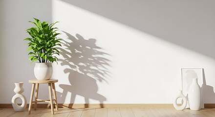 Bright Minimal Interior Scene Featuring Green Plant and White Decor.