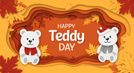 A festive illustration for Happy Teddy Day featuring two cute white teddy bears with scarves and a Santa hat, set against an autumnal background with layered paper cutouts and colorful leaves.