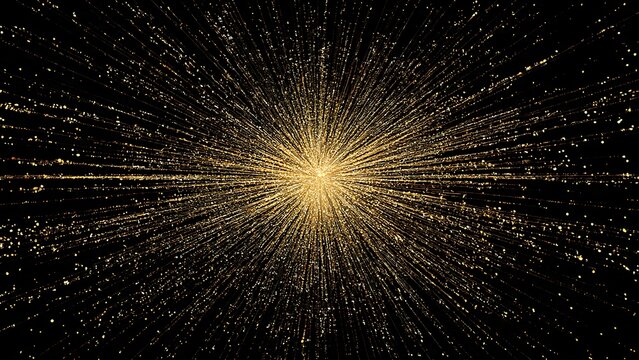 An explosive burst of golden light particles radiating from a central point, creating an abstract background of futuristic energy and motion