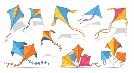 A vibrant collection of colorful kites in various shapes and sizes, some flying high with tails, others grouped on the ground.