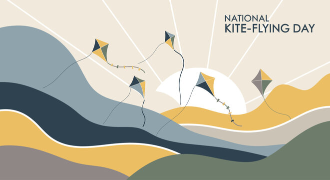 A stylized illustration of kites flying over rolling hills under a sunny sky, celebrating National Kite-Flying Day.