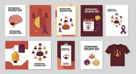 Set of ten graphic designs and a t-shirt for International Epilepsy Day, featuring brains, ribbons, and community illustrations.