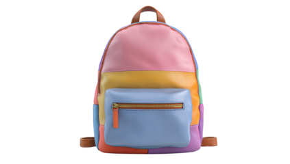 Colorful backpack with assorted panels; zippers and straps
