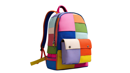 Patchwork backpack with vibrant squares and a front pocket