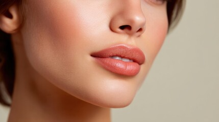 Fototapeta premium Close-up of a woman's face highlighting smooth skin, full lips, and natural beauty against a soft neutral background for beauty and cosmetics projects