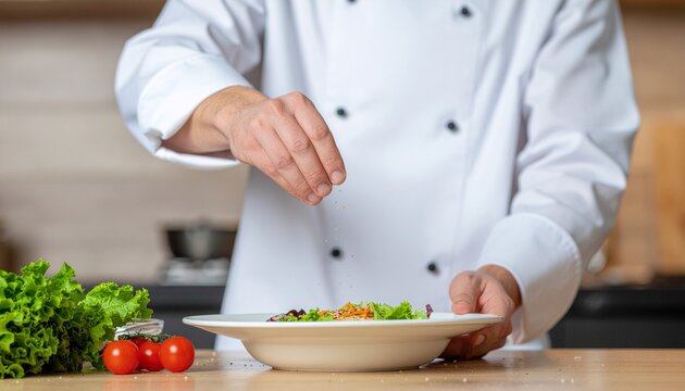 Professional chef's hands delicately seasoning a freshly prepared meal with salt in a modern kitchen setting, highlighting culinary expertise and food presentation