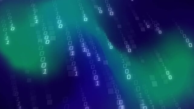Faint glyphs appearing top, binary flowing down, brightening, multiplying, creating data-rain