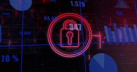 Percent overlays appearing, neon red padlock pulsing, rings expanding, protecting live HUD metrics