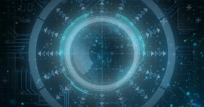 On system boot, teal holo globe rotating inside iris HUD, concentric rings pulsing to display data