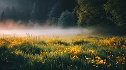 Naklejka premium Serene Morning Meadow with Yellow Flowers and Misty Fog in Lush Green Landscape Surrounded by Trees and Soft Natural Light