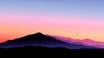 Stunning silhoutte of mountain range at dusk with vibrant gradient sky transitioning from orange to purple and serene landscape creating a tranquil atmosphere