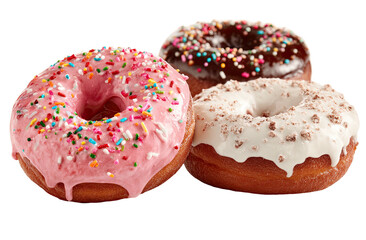 Three frosted donuts pink, chocolate, and white, topped with sprinkles