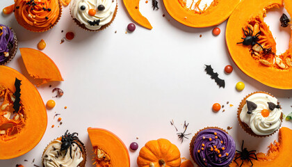 Halloween themed cupcakes and pumpkin slices are creatively arranged white background, creating festive and spooky atmosphere. scene includes decorative elements like bats and spiders