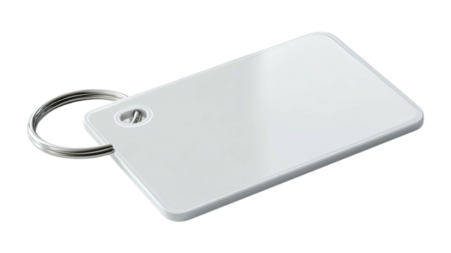 Blank, white key tag with metal ring, isolated on black background