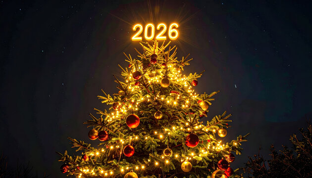 Beautifully decorated Christmas tree glows warmly against starry night sky, adorned with golden lights and red ornaments, topped with illuminated numbers 2026 creating festive atmosphere