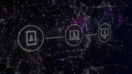 Particles bursting, three linked device icons forming chain, dots flowing, network showing data - Powered by Adobe