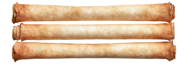 Three aged parchment scrolls stacked on top of each other