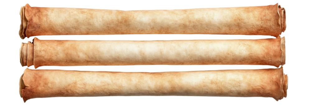 Three aged parchment scrolls stacked on top of each other
