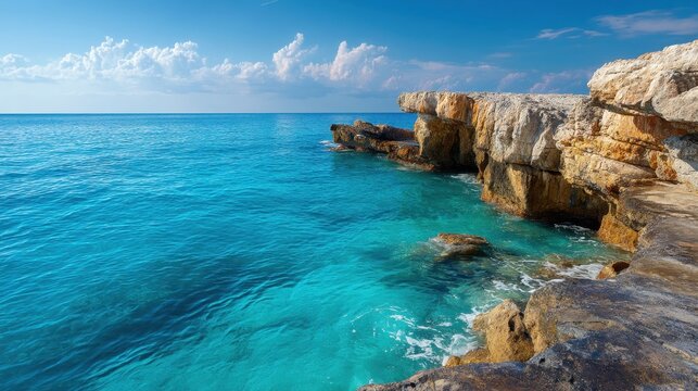 Serene Landscape of Bright Blue Ocean Waves Against Rocky Coastline and Clear Sky at Sunrise, Ideal for Relaxation and Nature Themes