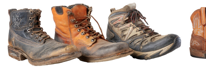 Variety of well-worn boots work boot, hiking, cowboy, rugged