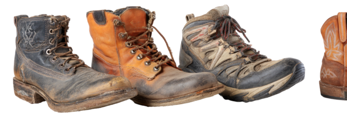 Variety of well-worn boots work boot, hiking, cowboy, rugged