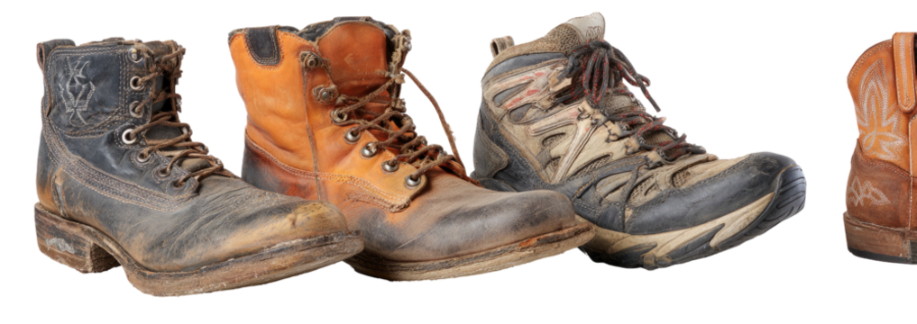 Variety of well-worn boots work boot, hiking, cowboy, rugged
