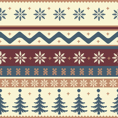 A cozy Scandinavian-style winter pattern featuring snowflakes, fir trees, and decorative stripes. Perfect for packaging, textiles, holiday cards, and festive designs