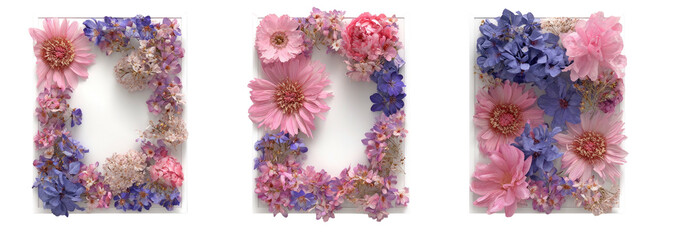 Floral frames arrangements of pink, blue, & beige flowers on white