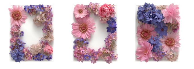 Floral frames arrangements of pink, blue, & beige flowers on white