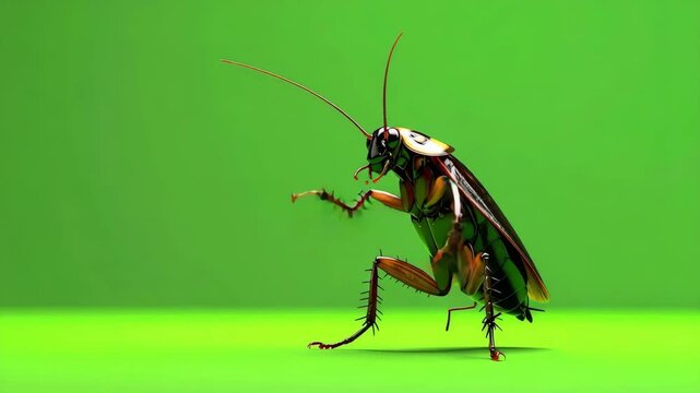 3D render of a cockroach in a funny dancing pose on a bright green studio background.