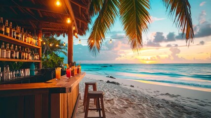 Open-air tropical beach bar with colorful cocktails on a sandy beach at sunset. - Powered by Adobe