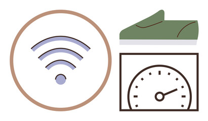 wireless signal icon, green sneaker, and analog speedometer illustrate digital connectivity, performance measurement, and active lifestyle. Ideal for health, tech, travel, fitness sports