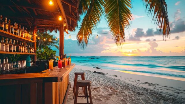 Open-air tropical beach bar with colorful cocktails on a sandy beach at sunset.