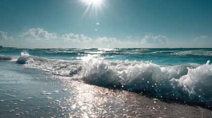 Fototapeta premium Serene Ocean Waves Glistening Under Bright Sunlight with Gentle Shoreline and A Clear Blue Sky Horizon Promising a Relaxing Beach Experience